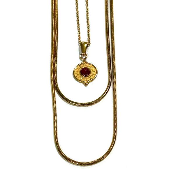 Tarnish Resistant Multilayer 2 Necklaces Adjustable Gold Red Natural Stone Charm - Picture 8 of 8